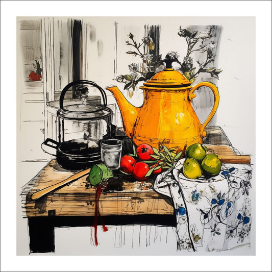 Håndtegnet grafisk illustrasjon som viser et vakkert borddekor med en gledesfylt gul tekanne, friske frukter og en fortryllende vase med blomster.