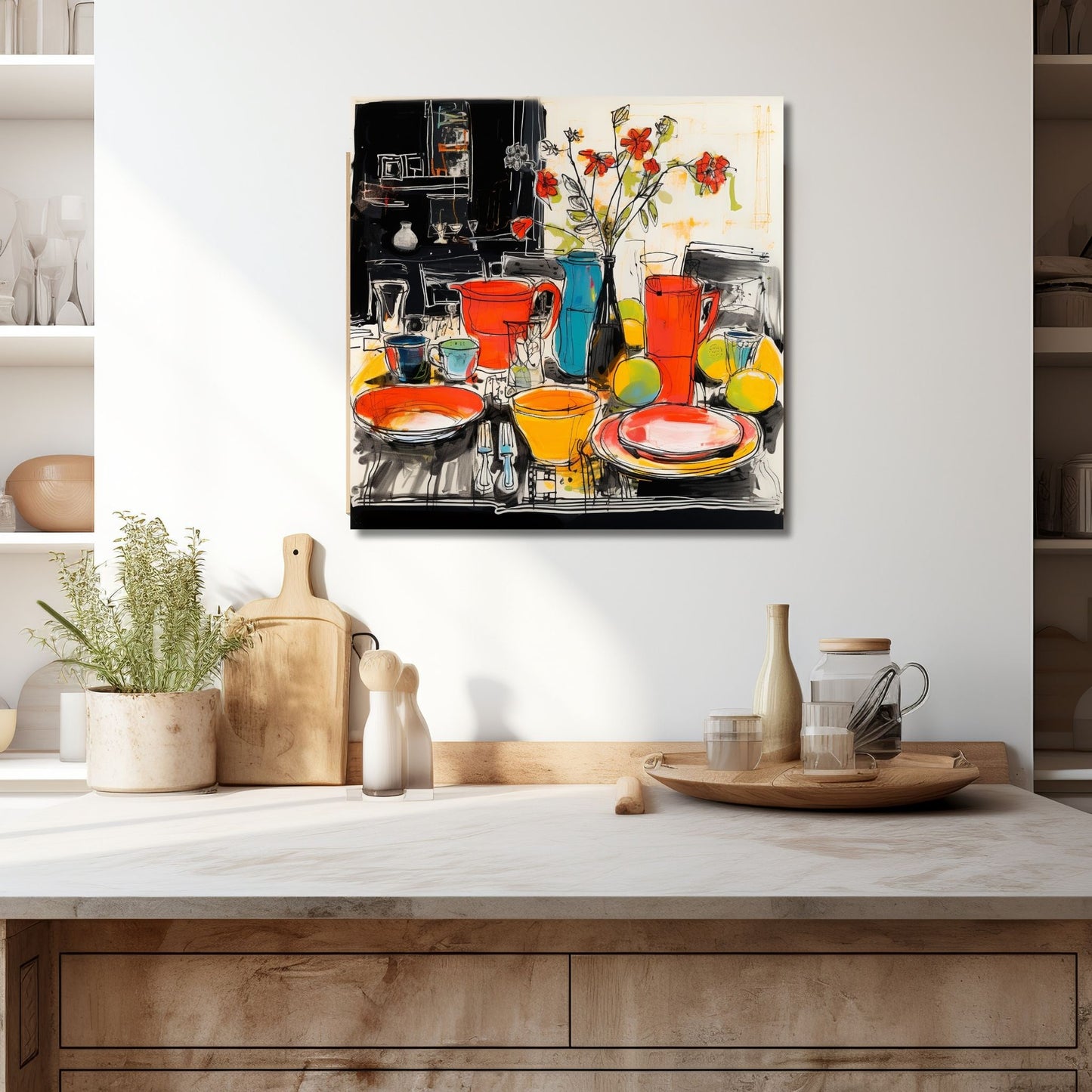 Drawn Kitchen Art plakat og lerret viser et herlig borddekor med kopper, skåler og tallerkener i en levende og fargerik stil. Illustrasjonen viser motivet på lerret som henger over en kjøkkenbenk.