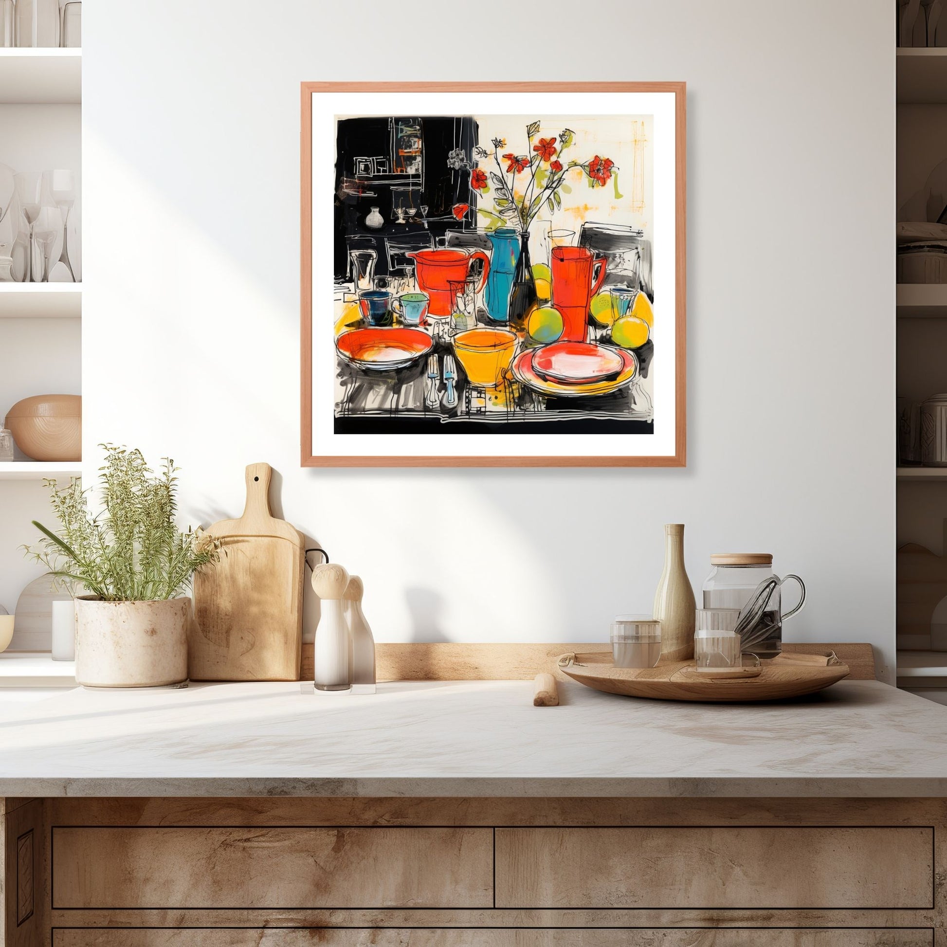 Drawn Kitchen Art plakat og lerret viser et herlig borddekor med kopper, skåler og tallerkener i en levende og fargerik stil. Illustrasjonen viser motivet som plakat i en ramme som henger over en kjøkkenbenk.