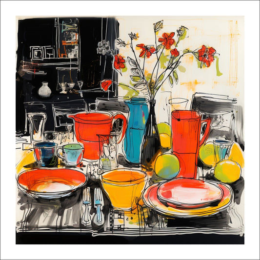Drawn Kitchen Art plakat og lerret viser et herlig borddekor med kopper, skåler og tallerkener i en levende og fargerik stil.