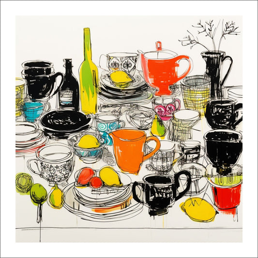 Denne håndtegnede grafiske illustrasjonen viser et bord fylt med en rekke forskjellige matretter, alt fra deilige måltider til fristende snacks. Det fargerike motivet vil umiddelbart fange oppmerksomheten.