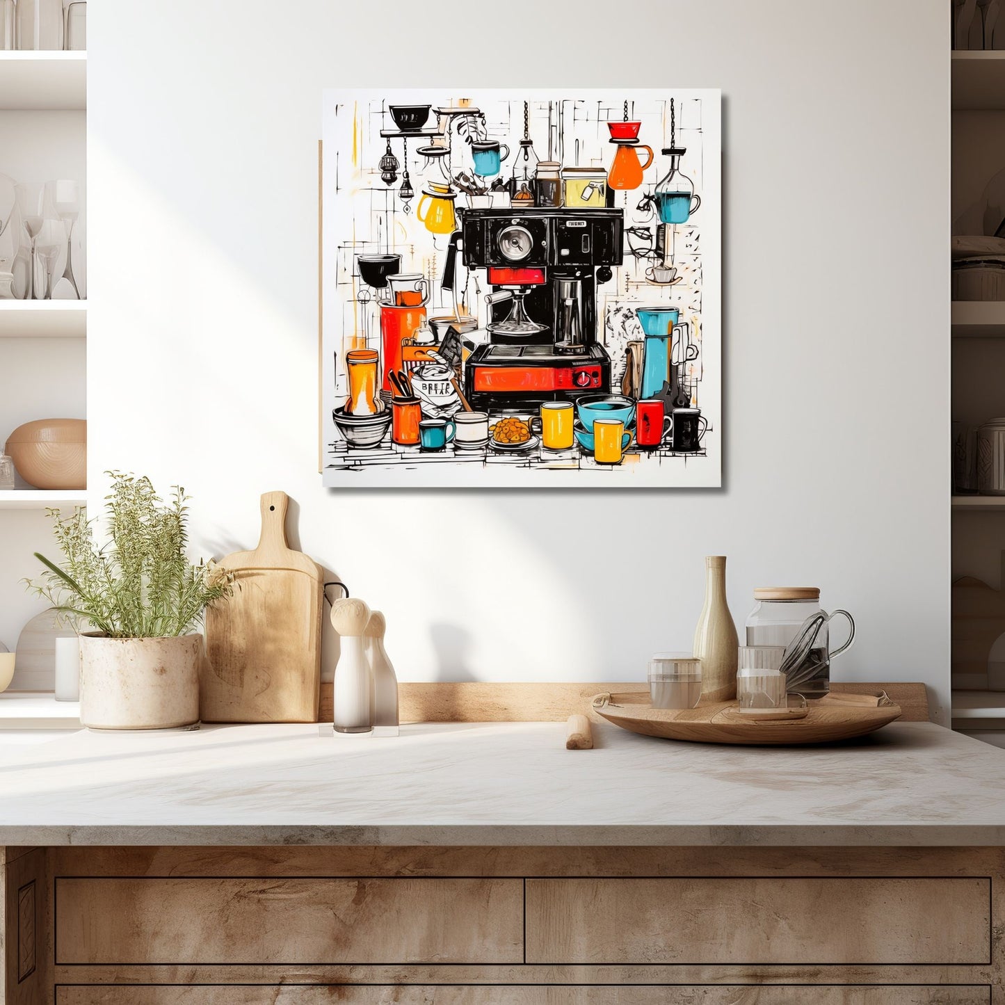 Denne grafiske illustrasjonen viser en sjarmerende scene med en kaffemaskin omgitt av mange kopper og fat, alt håndtegnet i levende farger. Illustrasjonen viser motivet på lerret som henger over en kjøkkenbenk.