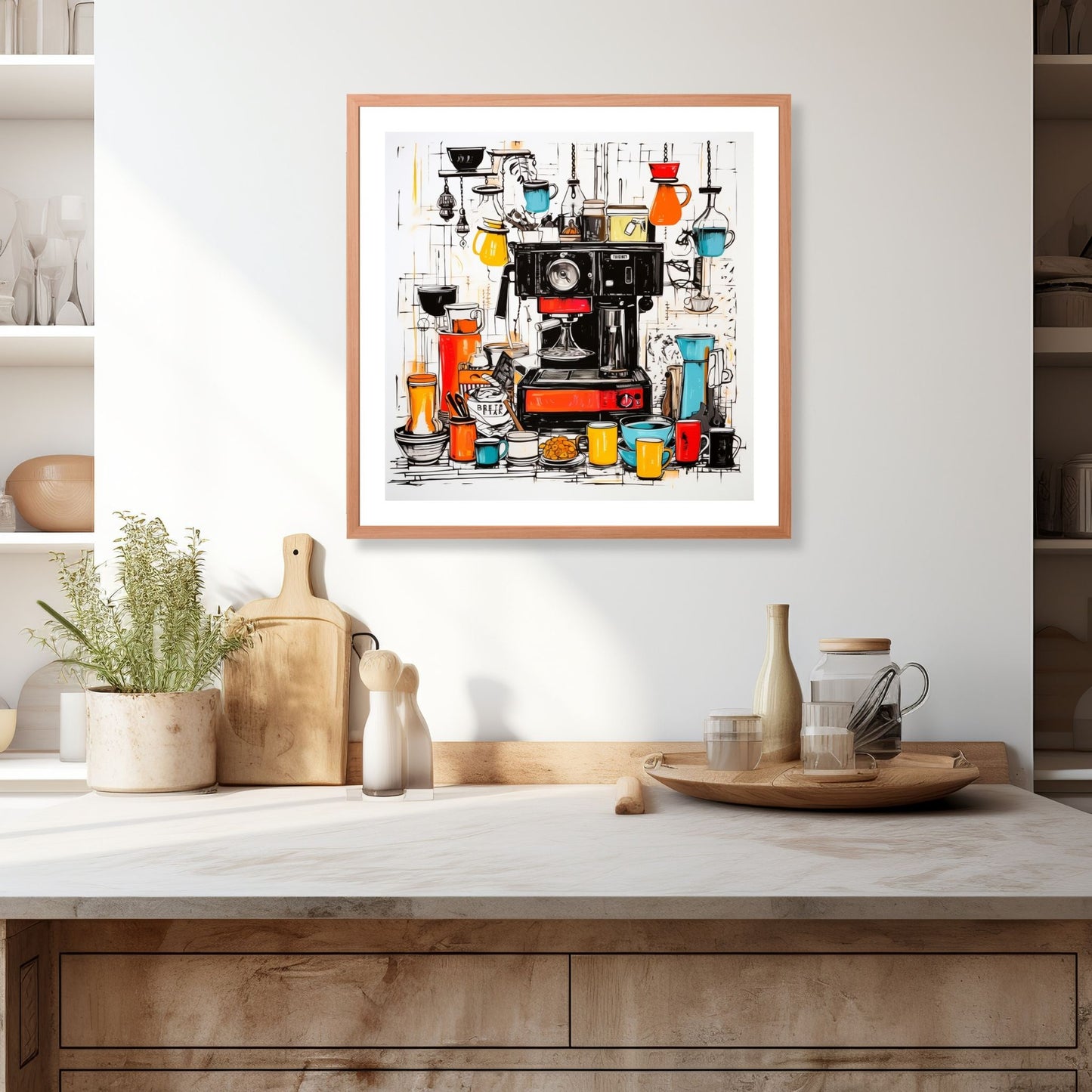 Denne grafiske illustrasjonen viser en sjarmerende scene med en kaffemaskin omgitt av mange kopper og fat, alt håndtegnet i levende farger. Illustrasjonen viser motivet som plakat i ramme som henger over en kjøkkenbenk.