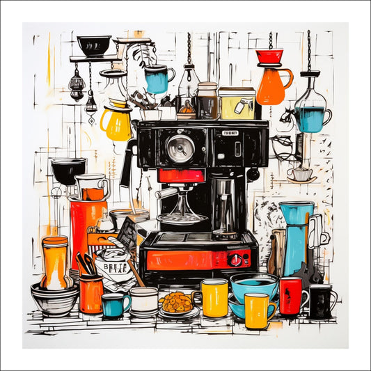 Denne grafiske illustrasjonen viser en sjarmerende scene med en kaffemaskin omgitt av mange kopper og fat, alt håndtegnet i levende farger.