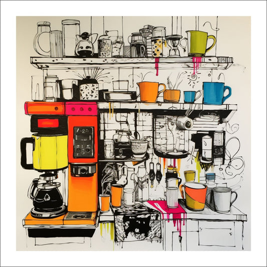 Grafisk illustrasjon av et sjarmerende kjøkken med en kaffetrakter og kopper, som gir en følelse av varme og komfort til rommet. 
