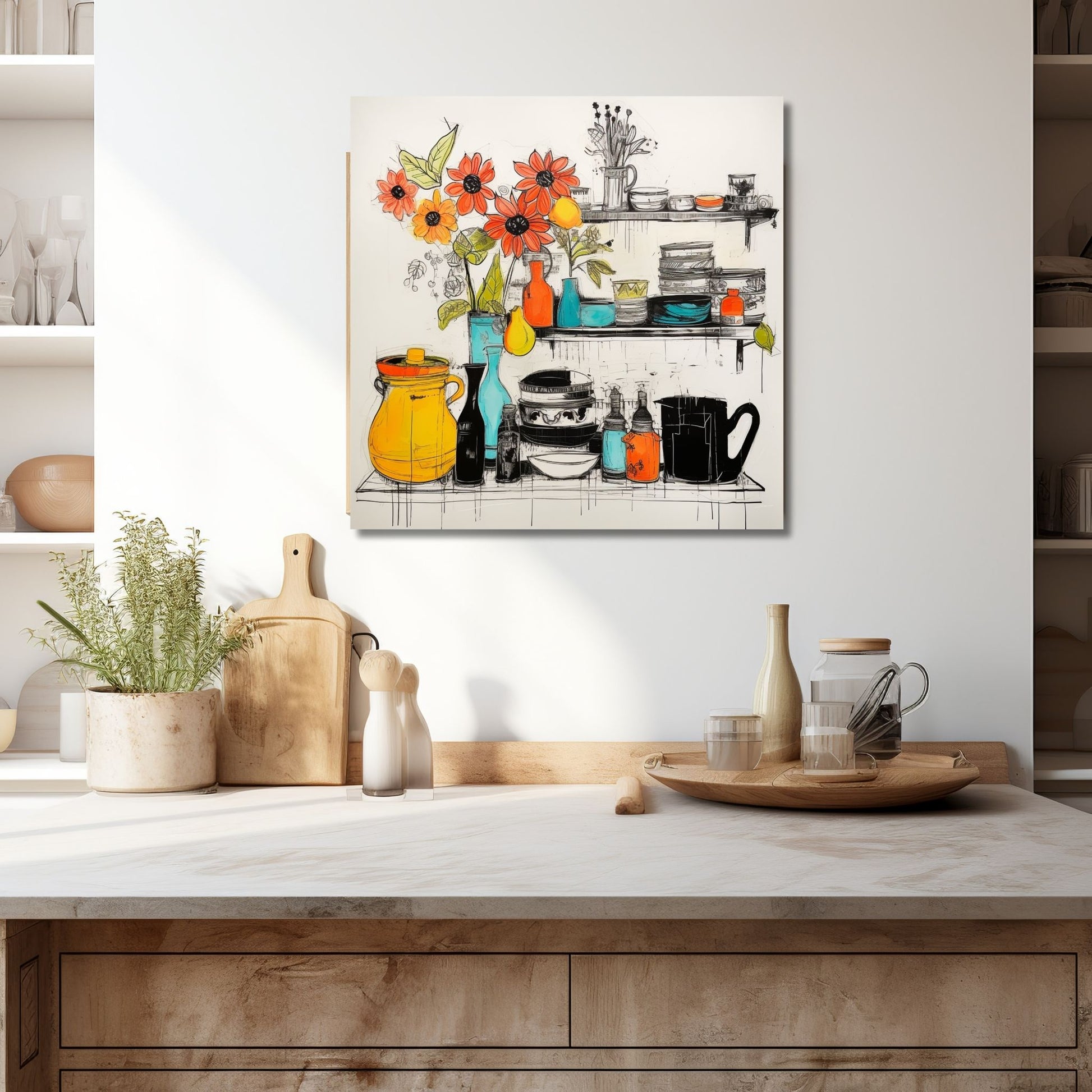 Grafisk illustrasjon som fanger essensen av et innbydende kjøkken, komplett med et fargerikt utvalg av vaser, skåler og en hylle fylt med vakre blomster. Illustrasjonen viser motivet på lerret som henger over en kjøkkenbenk.