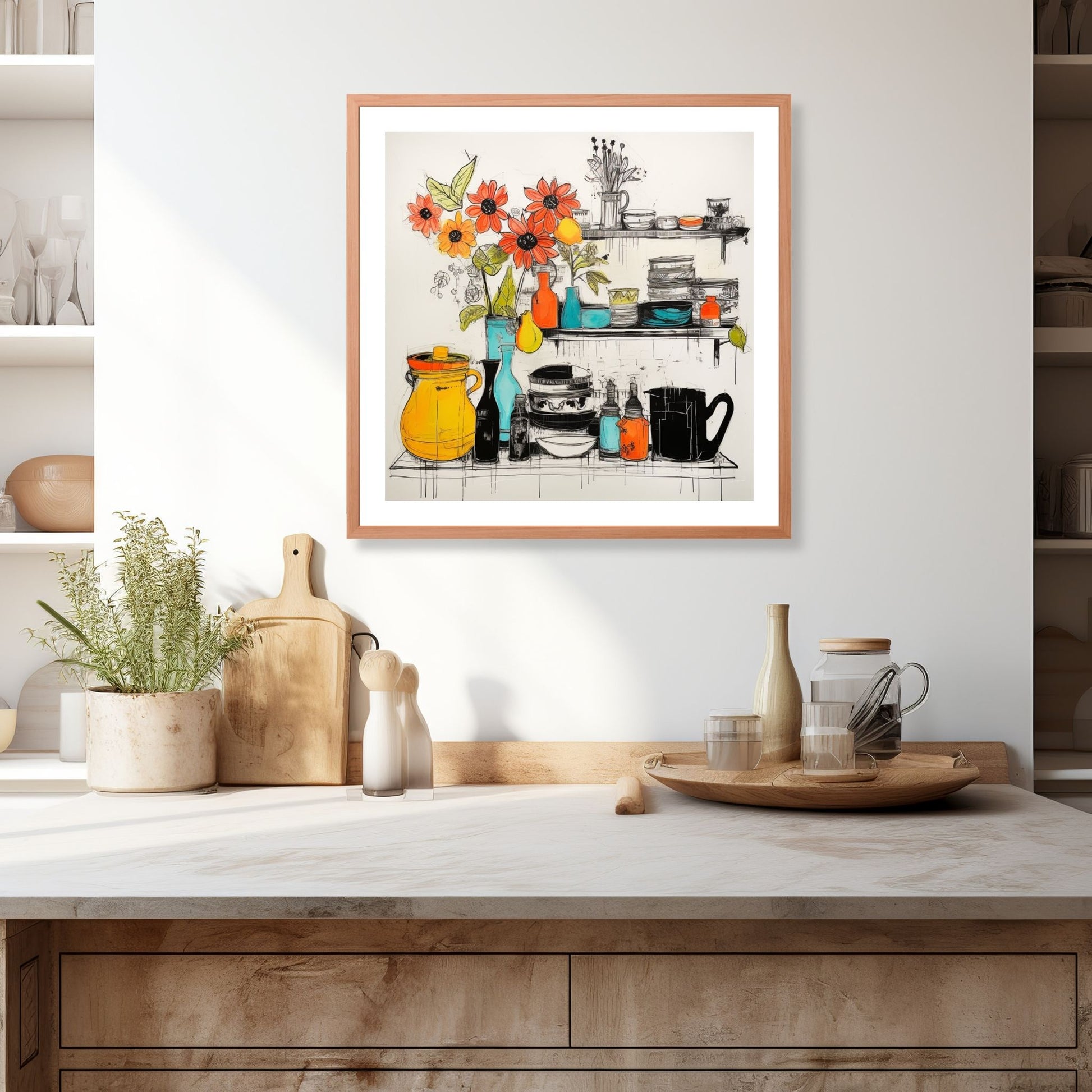 Grafisk illustrasjon som fanger essensen av et innbydende kjøkken, komplett med et fargerikt utvalg av vaser, skåler og en hylle fylt med vakre blomster. Illustrasjonen viser motivet som plakat i ramme som henger over en kjøkkenbenk.