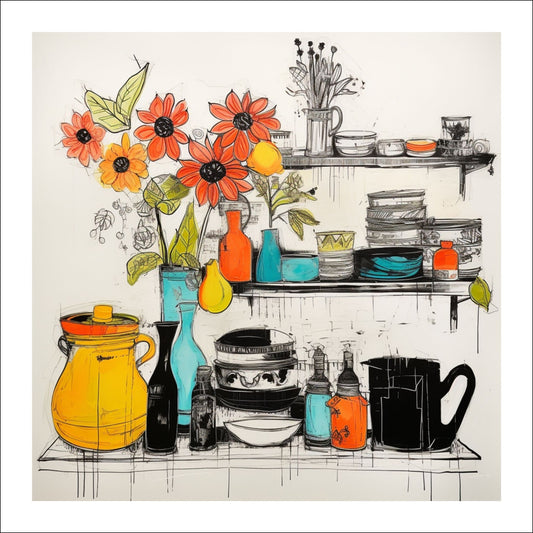 Grafisk illustrasjon som fanger essensen av et innbydende kjøkken, komplett med et fargerikt utvalg av vaser, skåler og en hylle fylt med vakre blomster.