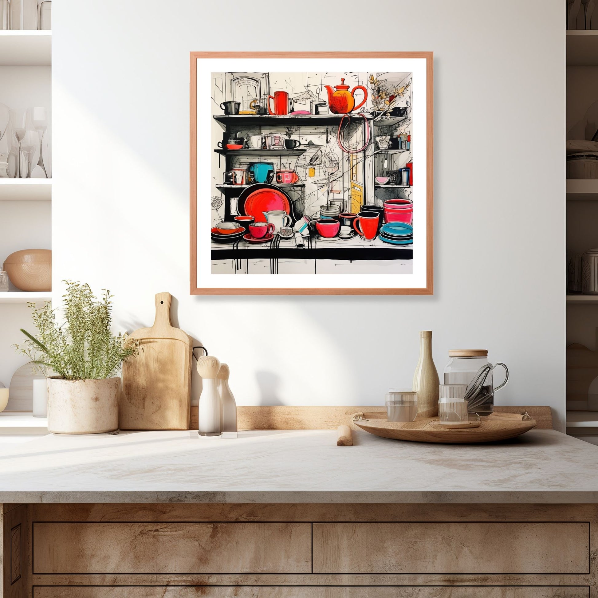 Grafisk, fargerik illustrasjon som viser en sjarmerende kjøkkenhylle fylt med kopper og tallerkener, skapt med en unik håndtegnet stil. Illustrasjonen viser motivet som plakat i ramme som henger over en kjøkkenbenk.
