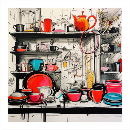 Grafisk, fargerik illustrasjon som viser en sjarmerende kjøkkenhylle fylt med kopper og tallerkener, skapt med en unik håndtegnet stil.
