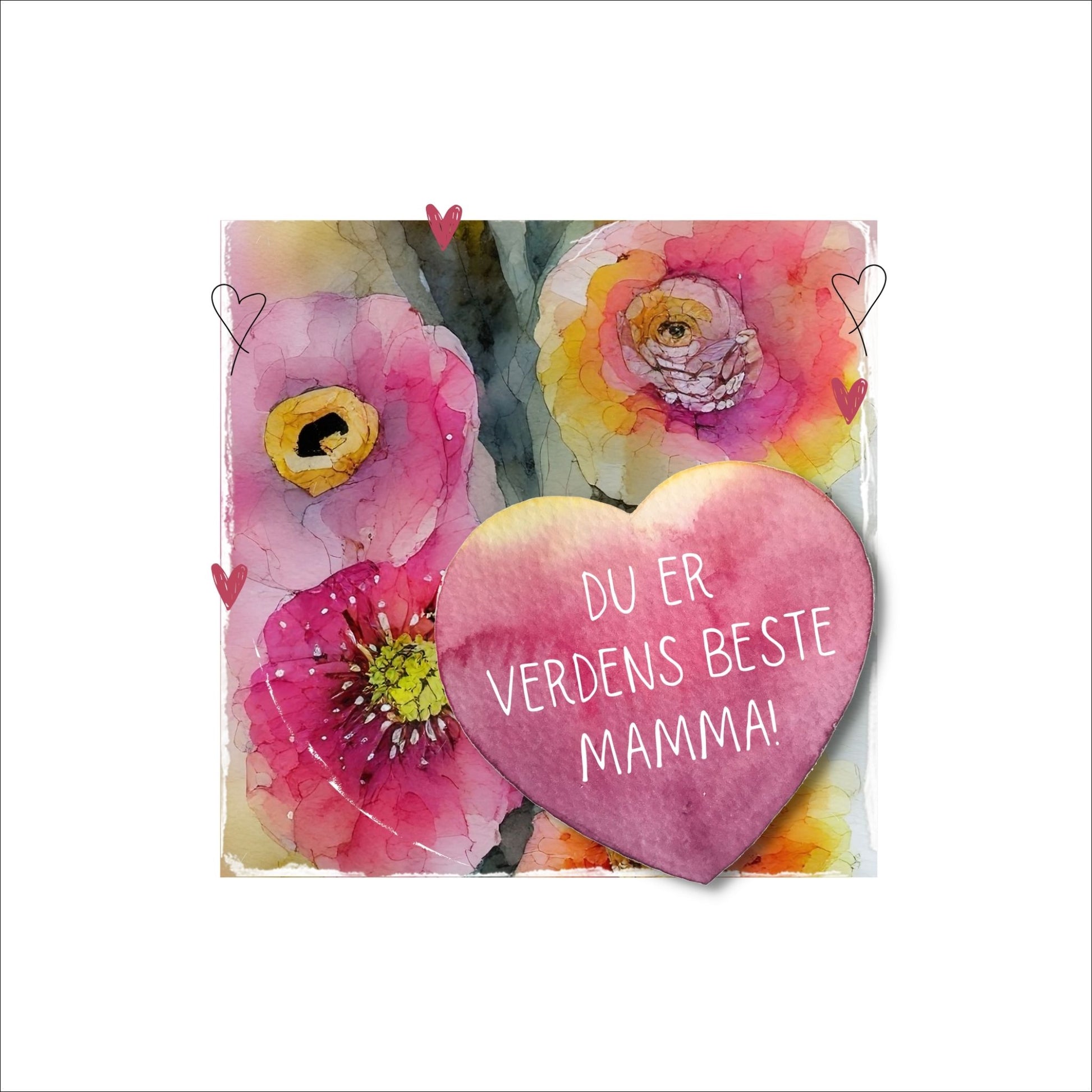 Grafisk plakat med et rosa hjerte påført tekst "Du er verdens beste mamma". Bagrunn i cerise og guloransje blomster. Kortet har en hvit kant runt på 4 cm.