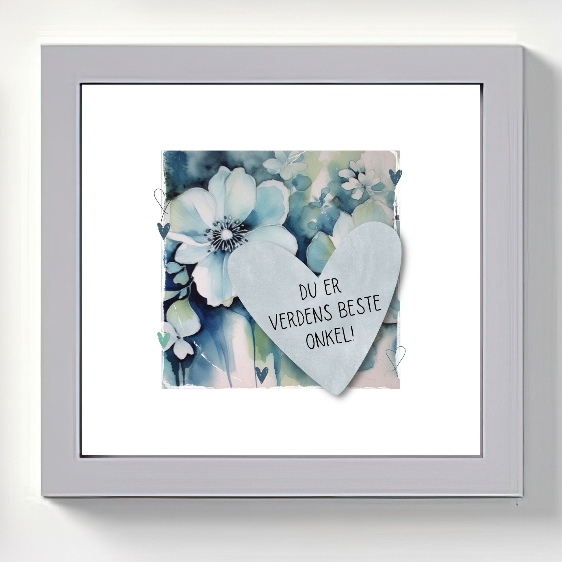 Grafisk plakat med et lyseblått hjerte påført tekst "Du er verdens beste onkel!". Bagrunn med blomster i blåtoner. Illustrasjon viser plakat i grå ramme.