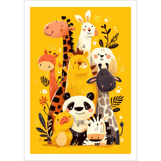Denne herlige illustrasjonen viser en sjarmfull samling av eksotiske dyr, inkludert sjiraff, panda, løve, sebra, og flere søte skapninger.