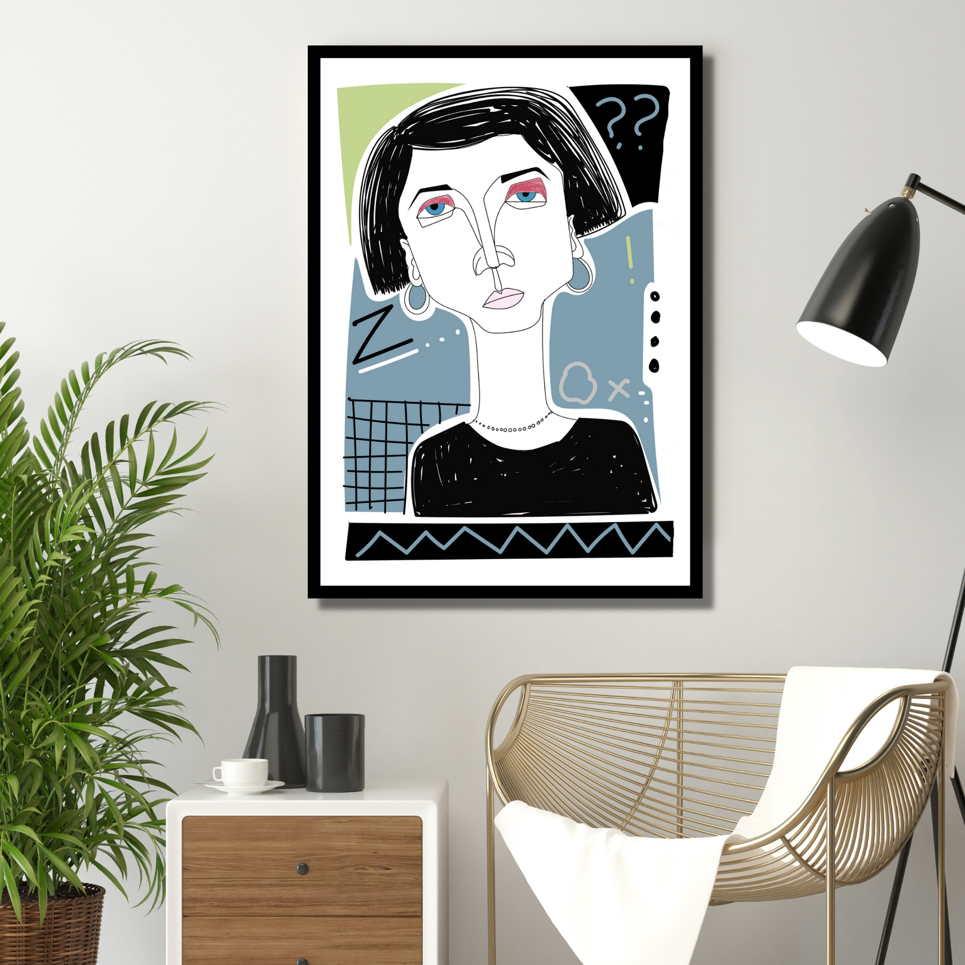 Grafisk plakat med dame ansikt. Farger i sort, lime, grå og hvit. Line art.