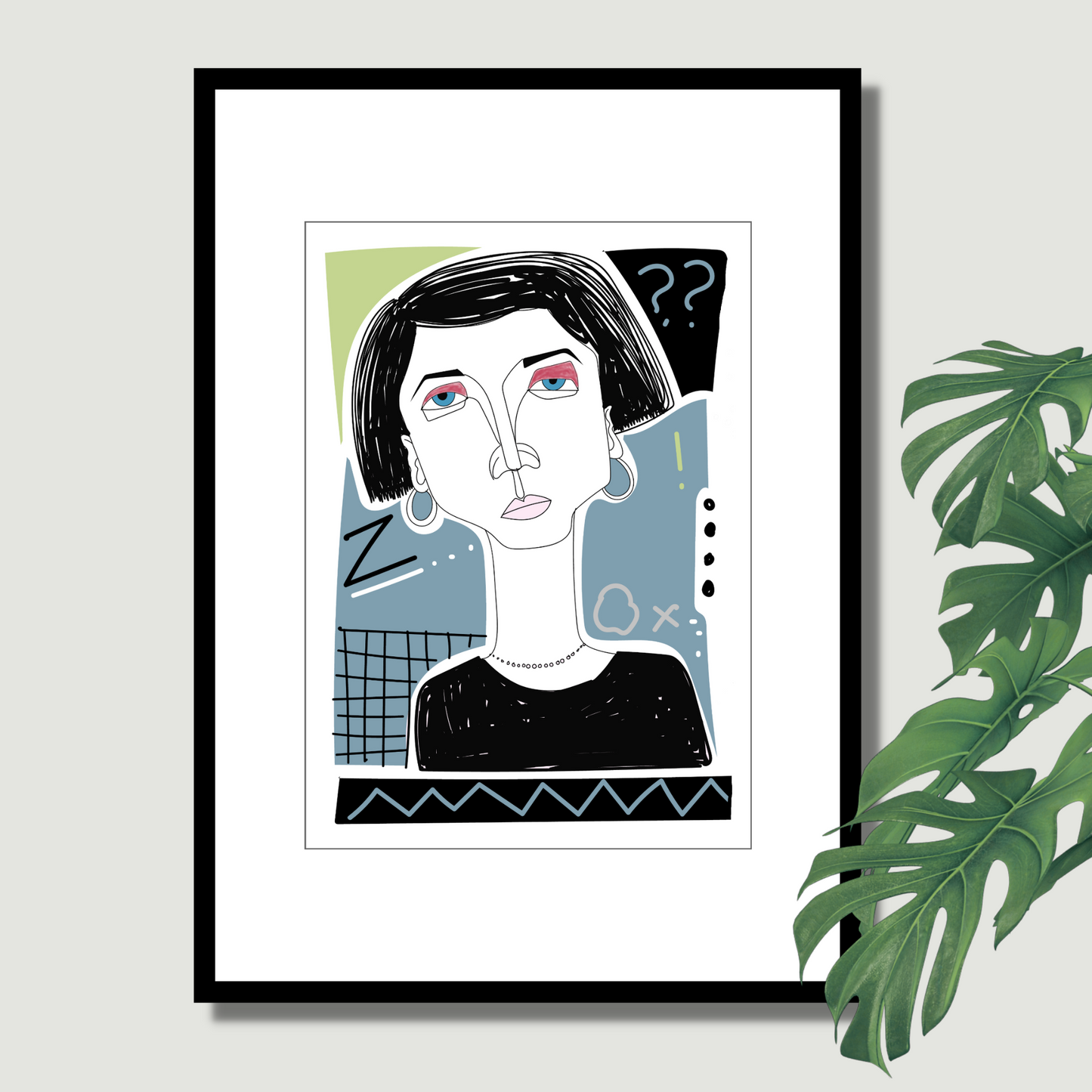 Grafisk plakat med dame ansikt. Farger i sort, lime, grå og hvit. Line art.