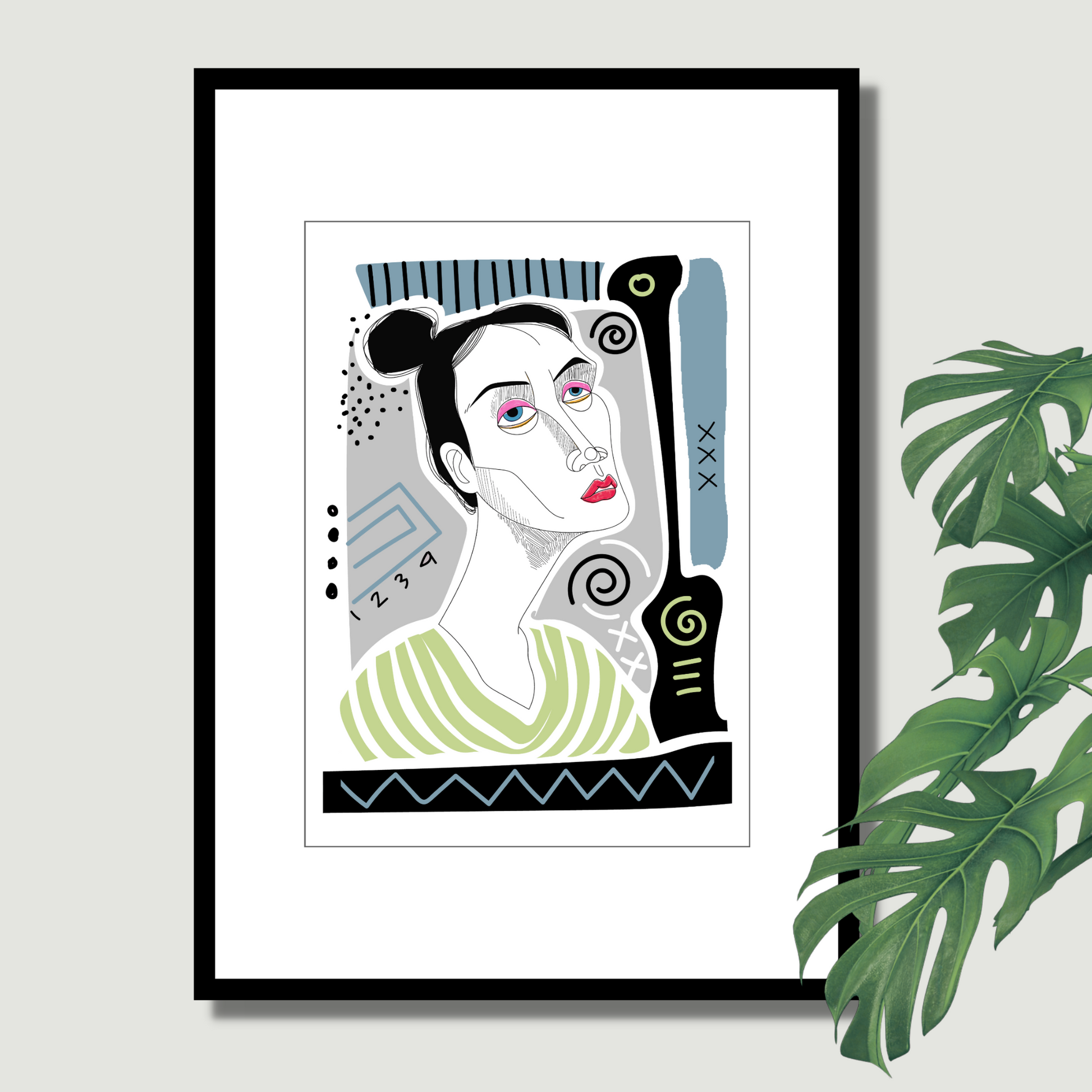 Grafisk plakat med dame ansikt. Farger i sort, lime, grå og hvit. Line art.