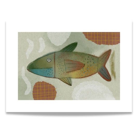 "Den Fargerike Fisken" er en unik plakat som kombinerer det surrealistiske med det organiske. Med detaljerte nyanser av grønt og blått, samt en abstrakt bakgrunn.