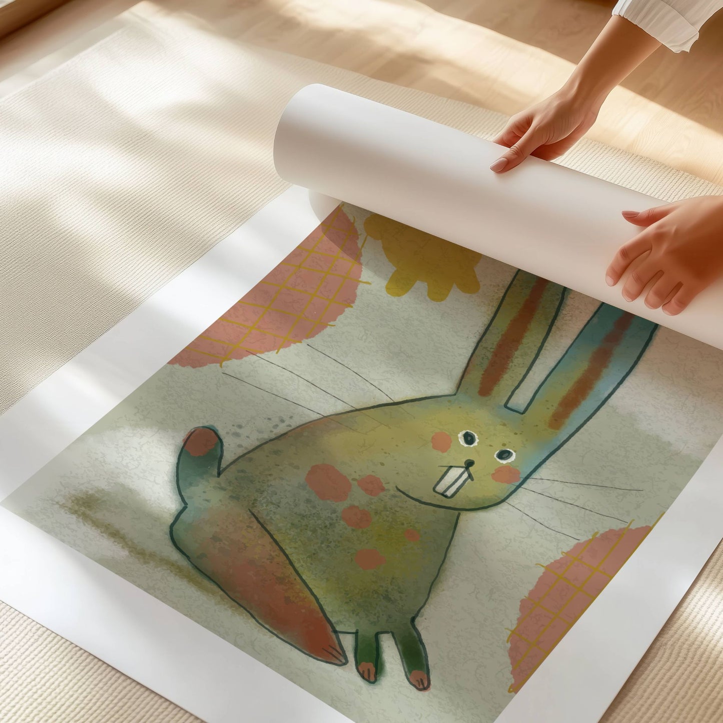 "Fantasidyret" er en sjarmerende plakat som blander fantasi med naturinspirert estetikk. Illustrasjonen viser plakat på print.