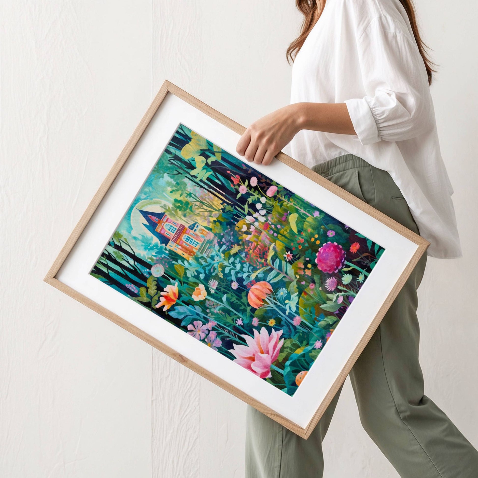 Et skjult hus midt i en tettblomstrende og grønn hage – mystisk, men innbydende. Illustrasjon viser plakat med passepartout i eik ramme.