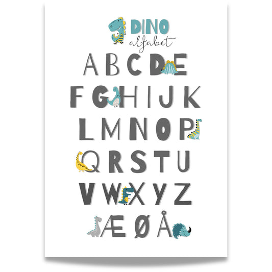 Dino Alfabet Plakat med lys bakgrunn.