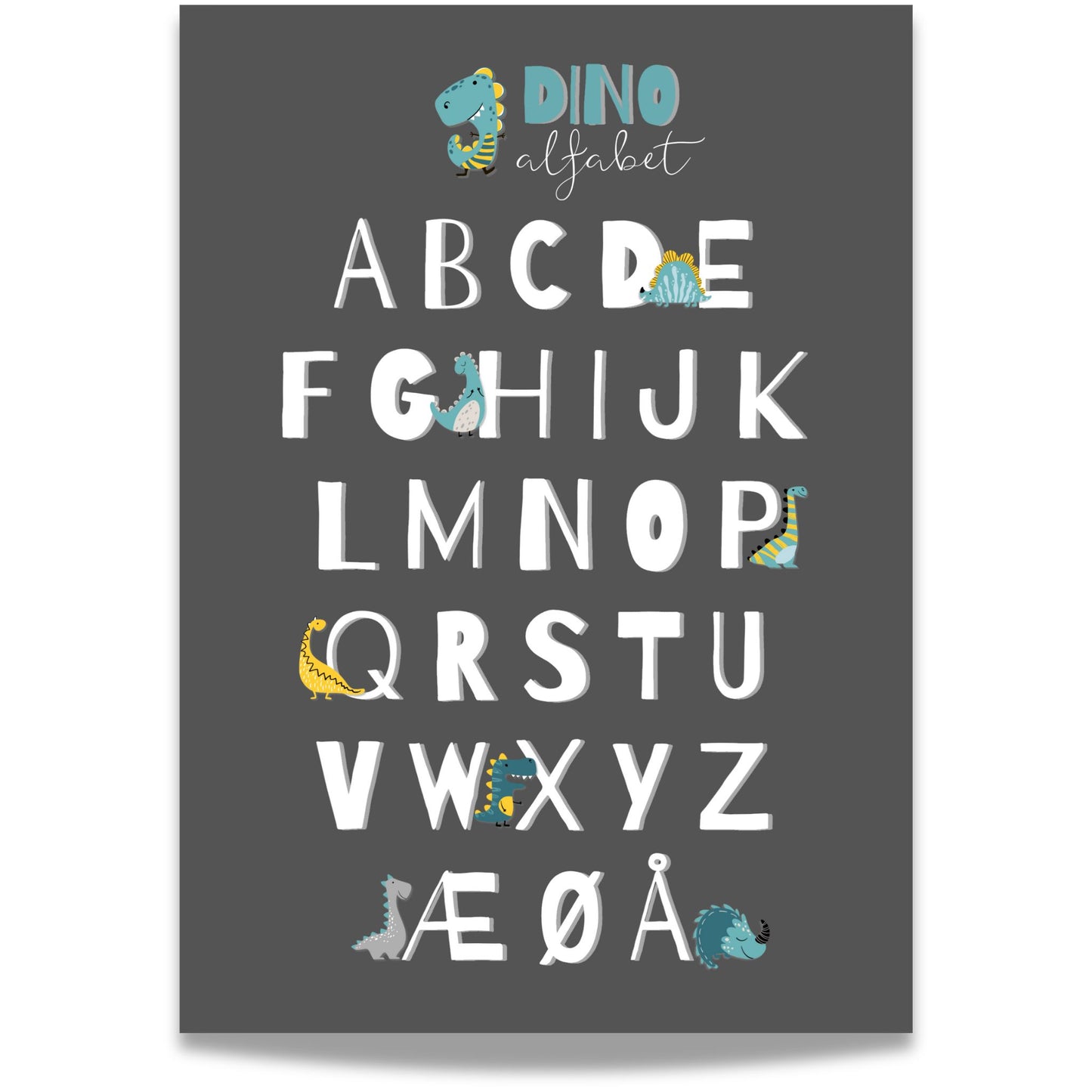 Dino Alfabet Plakat med mørk bakgrunn.