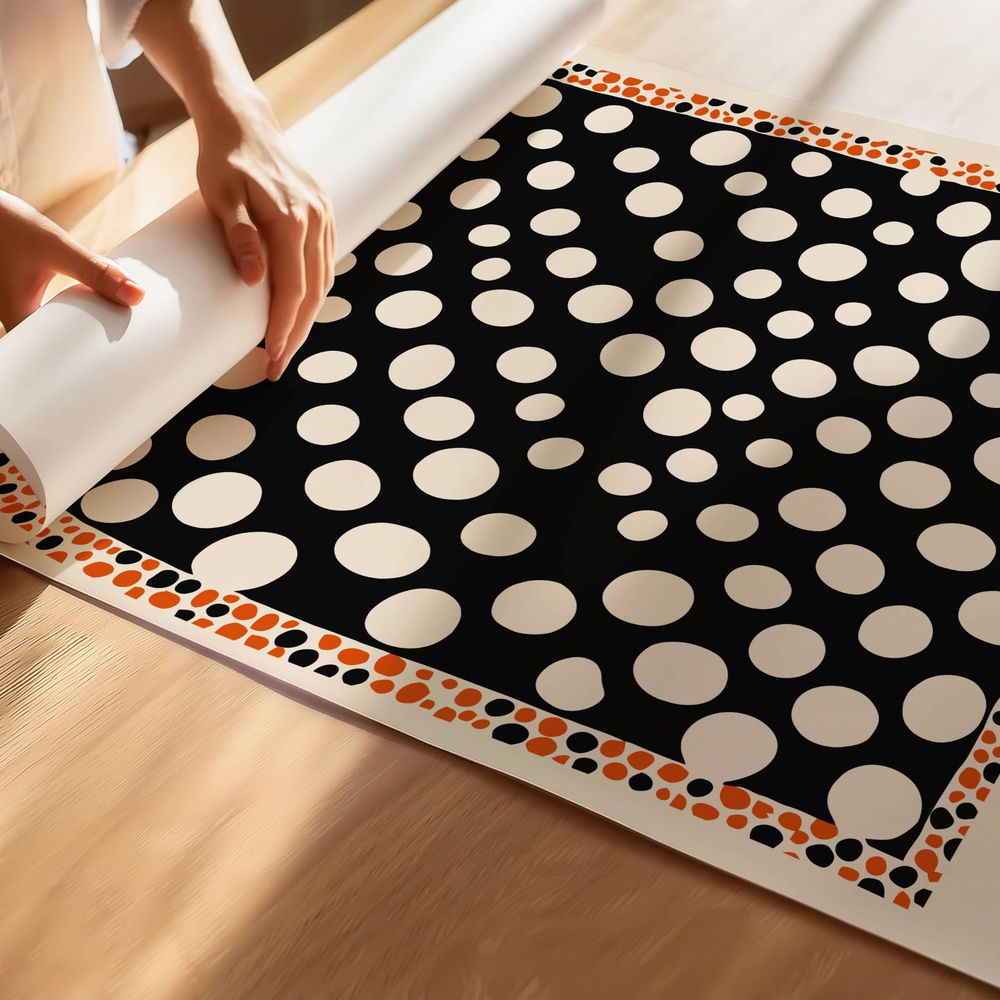 Dot Illusion leker med perspektiv og mønster. De hvite prikkene mot svart bakgrunn skaper et optisk spill som både fascinerer og forskjønner. Illustrasjon viser motiv med smal kant på print.
