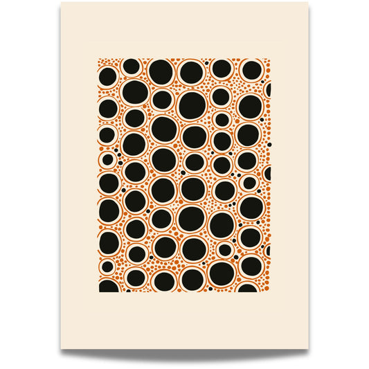Dot Motion er en moderne og rytmisk plakat med overlappende sirkler i svart og oransje. Illustrasjon viser motiv med bred kant.