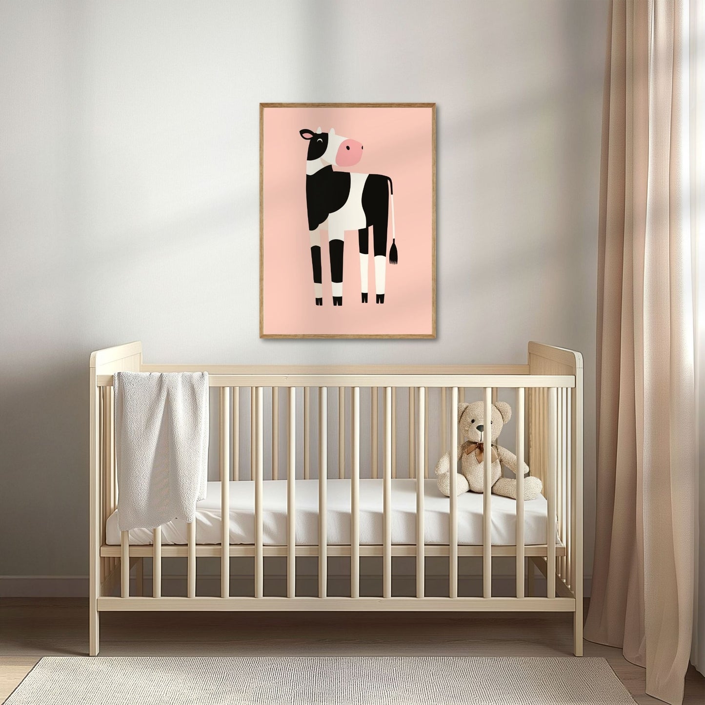 En liten ku med stor personlighet – denne sjarmerende plakaten viser en svart-hvit ku i moderne, enkel stil, perfekt for små dyrevenner. Illustrasjon viser plakat i eik ramme over en barneseng.