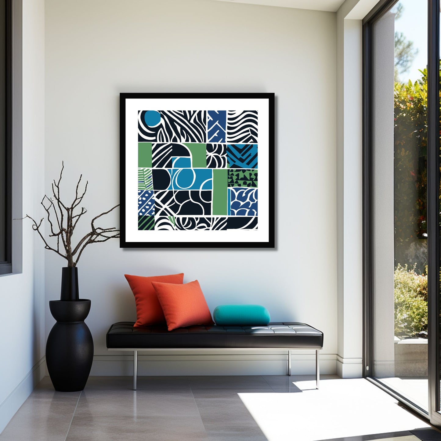 Kvadratisk plakat med abstrakt mønster i fargene blå, grønn, sort og hvit. Her henger motivet i sort ramme. Det tar seg fint ut på hvit vegg.