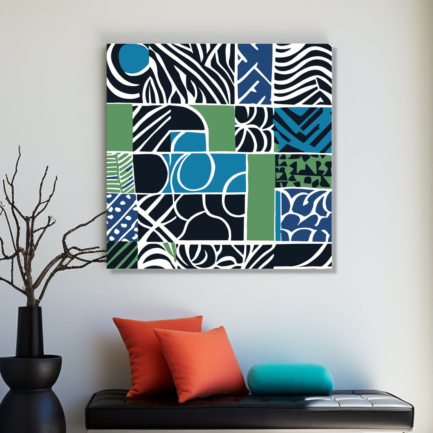 Kvadratisk plakat med abstrakt mønster i fargene blå, grønn, sort og hvit. Her henger motivet på lerret.