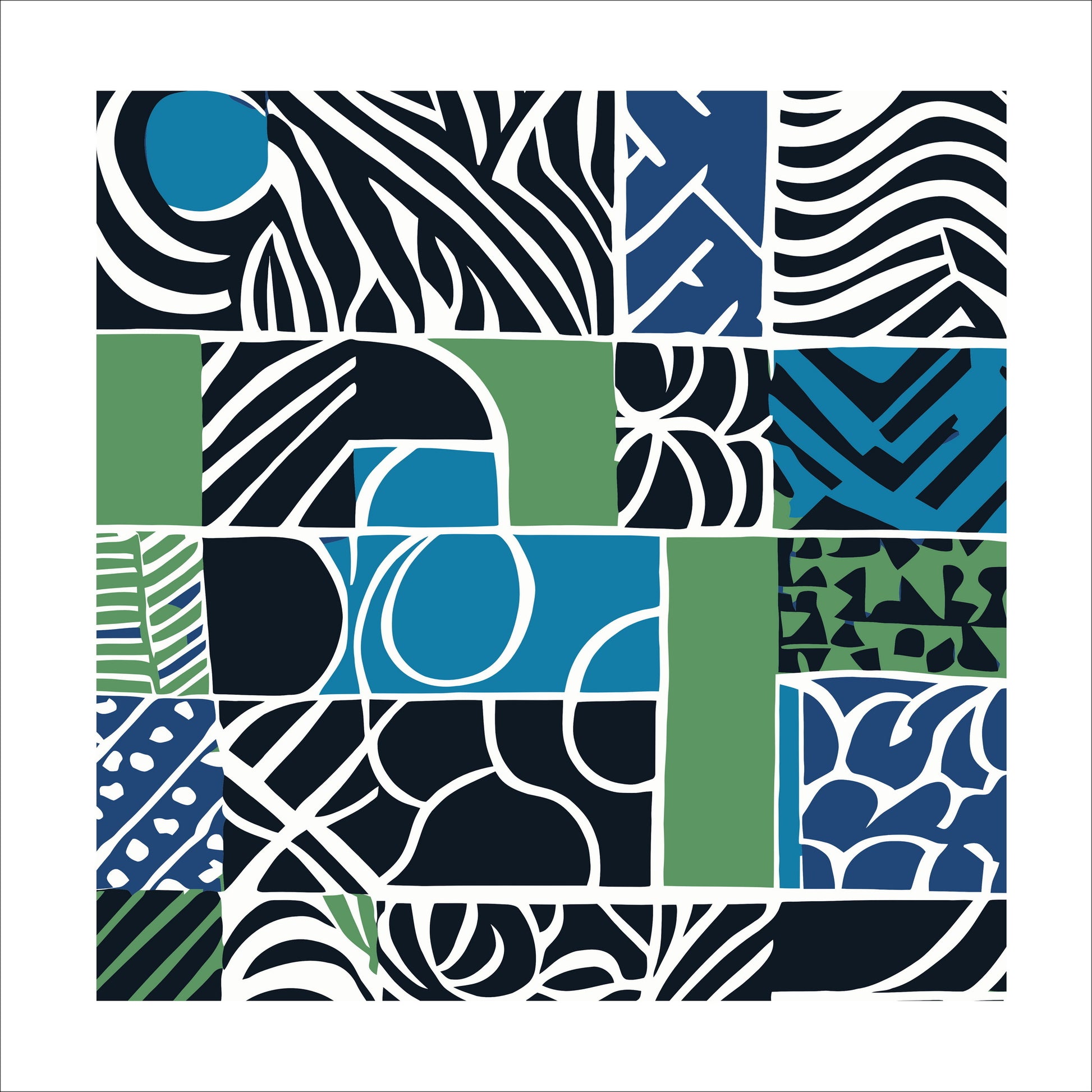 Kvadratisk plakat med abstrakt mønster i fargene blå, grønn, sort og hvit. Som plakat vil det være en hvit kant rundt.