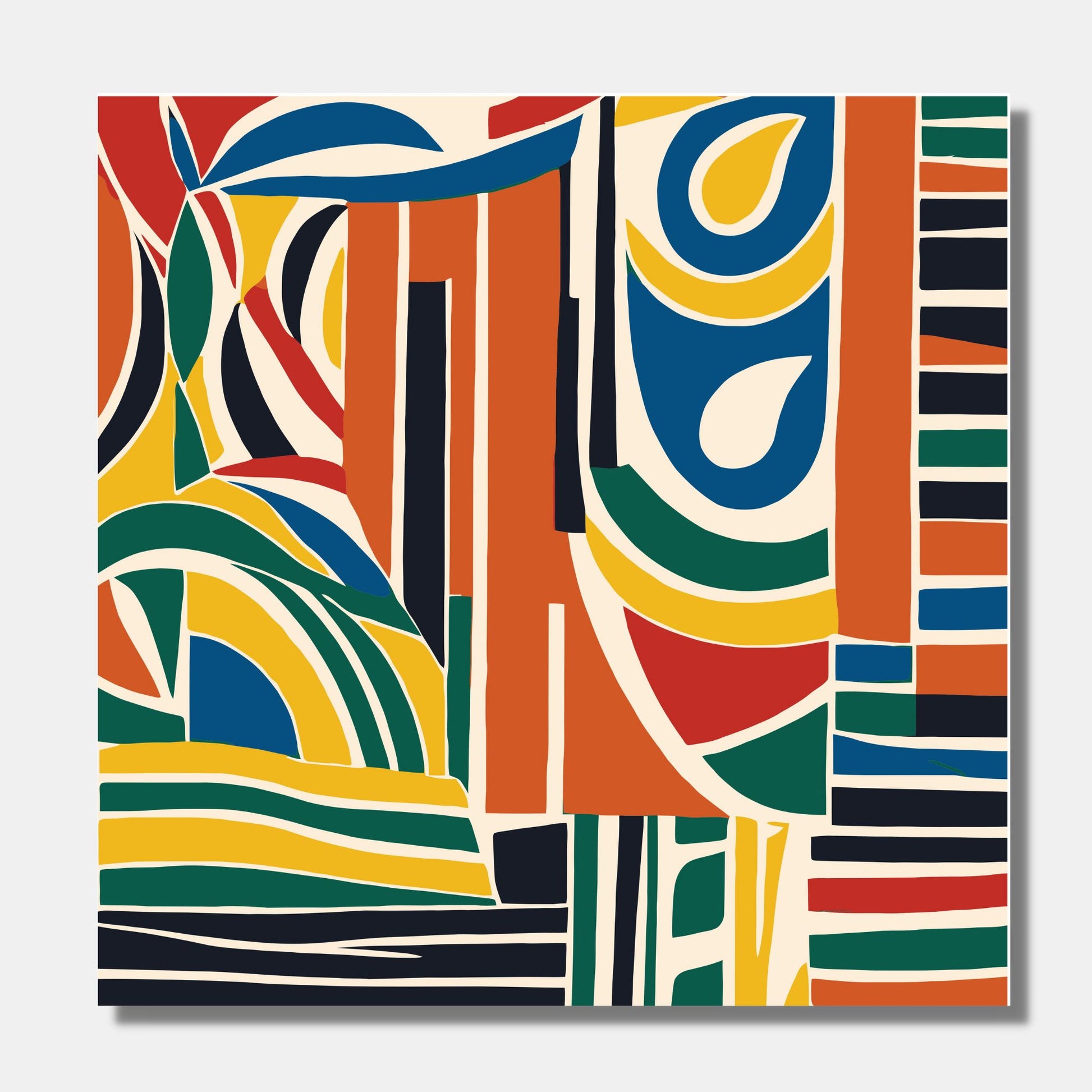 Kvadratisk plakat med abstrakt mønster i fargene rød, gul, blå, grønn, sort, oransje og lys beige bunnfarge. På bildet er den på lerret og henger på en lys vegg. 