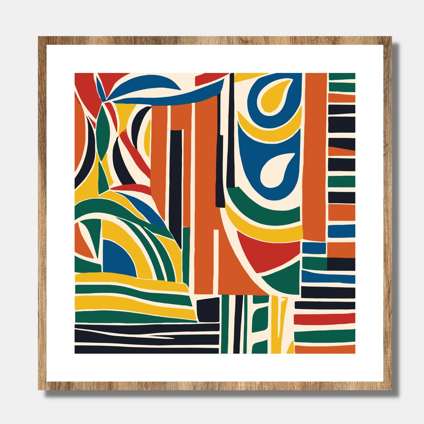 Kvadratisk plakat med abstrakt mønster i fargene rød, gul, blå, grønn, sort, oransje og lys beige bunnfarge. Det er en hvit kant rundt plakaten. På bildet er den rammet inn i eikeramme og henger på en lys vegg. 