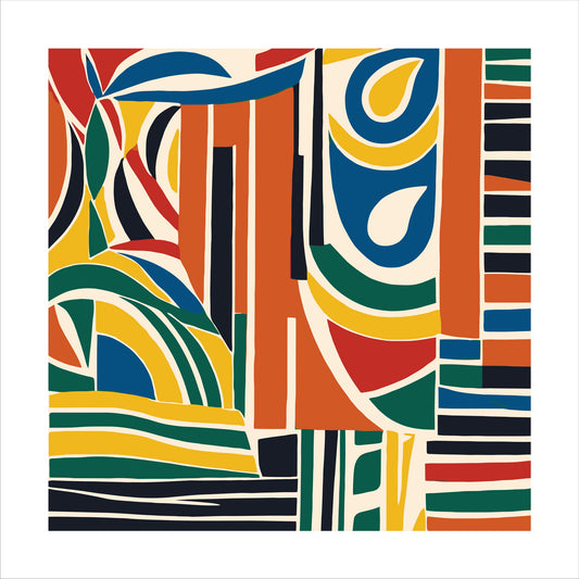 Kvadratisk plakat med abstrakt mønster i fargene rød, gul, blå, grønn, sort, oransje og lys beige bunnfarge. Det er en hvit kant rundt plakaten
