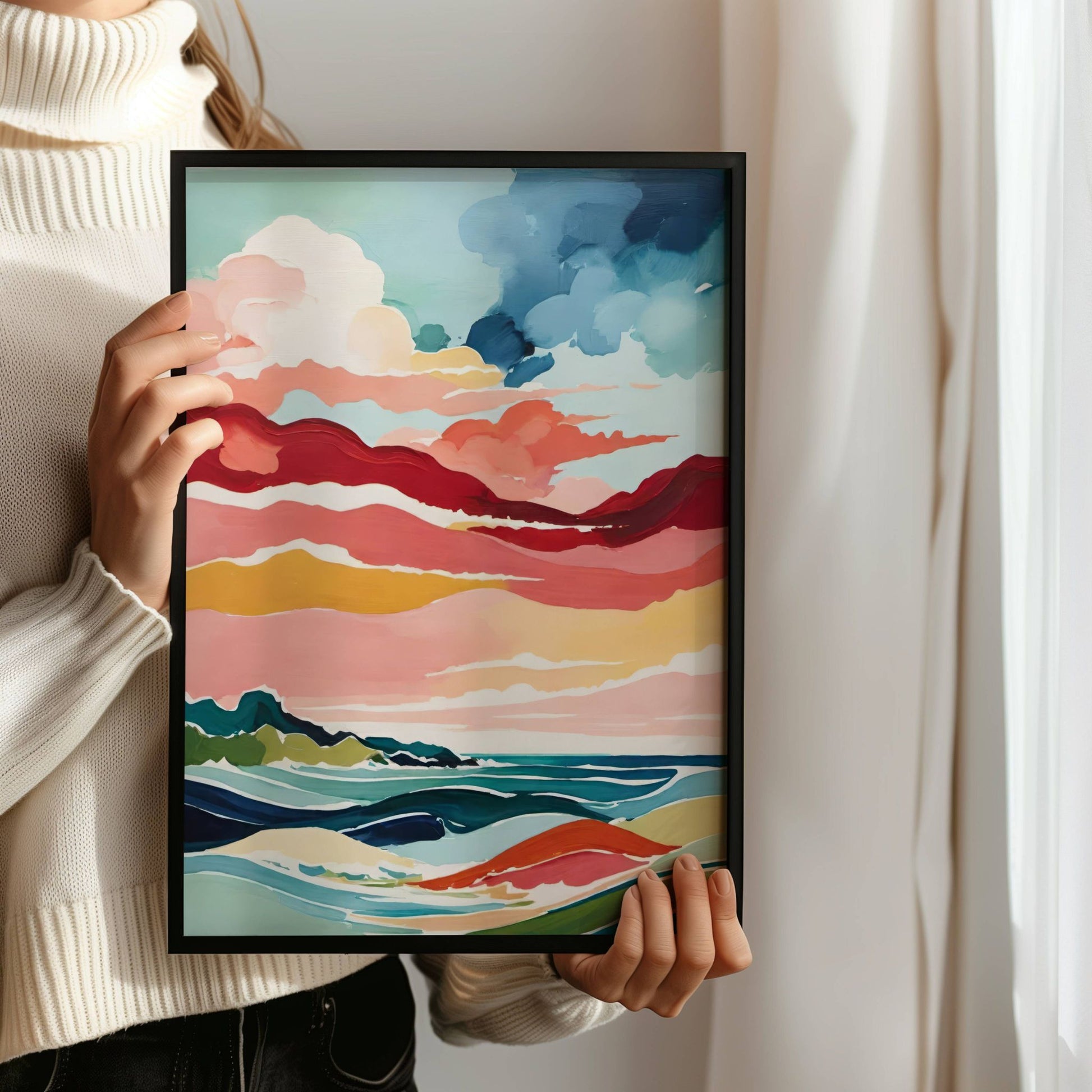Dreamscape Horizon – et abstrakt landskapsmotiv som vekker følelser av frihet, eventyr og ro. Illustrasjon viser plakat uten hvit kant i sort ramme.