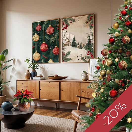 To stemningsfulle juleplakater i klassisk, vintage stil – perfekt for å skape den varme julestemningen hjemme.