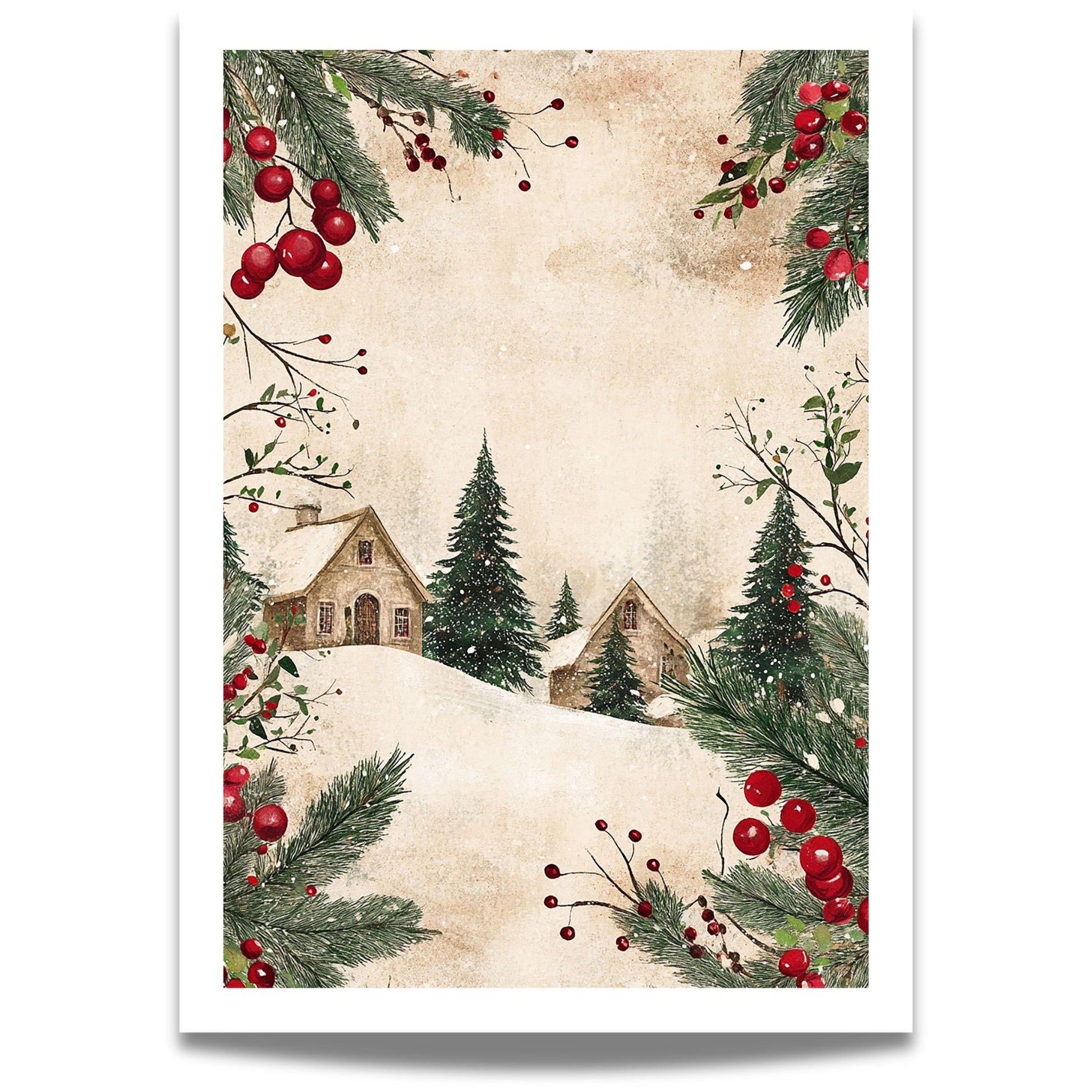 Stemningsfull juleplakat med snøkledd landskap i klassisk, vintage stil – perfekt for å skape den varme julestemningen hjemme.