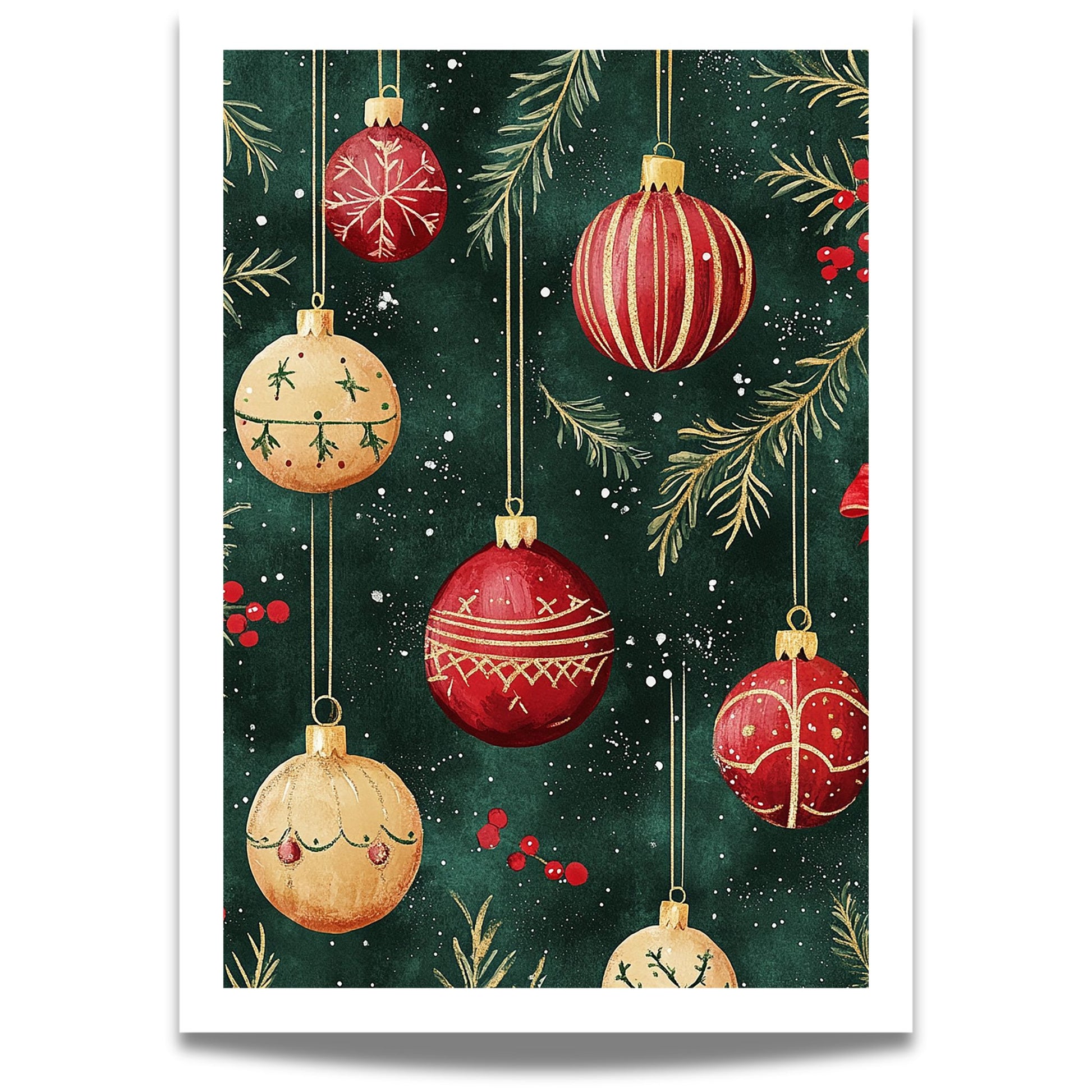 Stemningsfull juleplakat med julekuler i klassisk, vintage stil – perfekt for å skape den varme julestemningen hjemme.