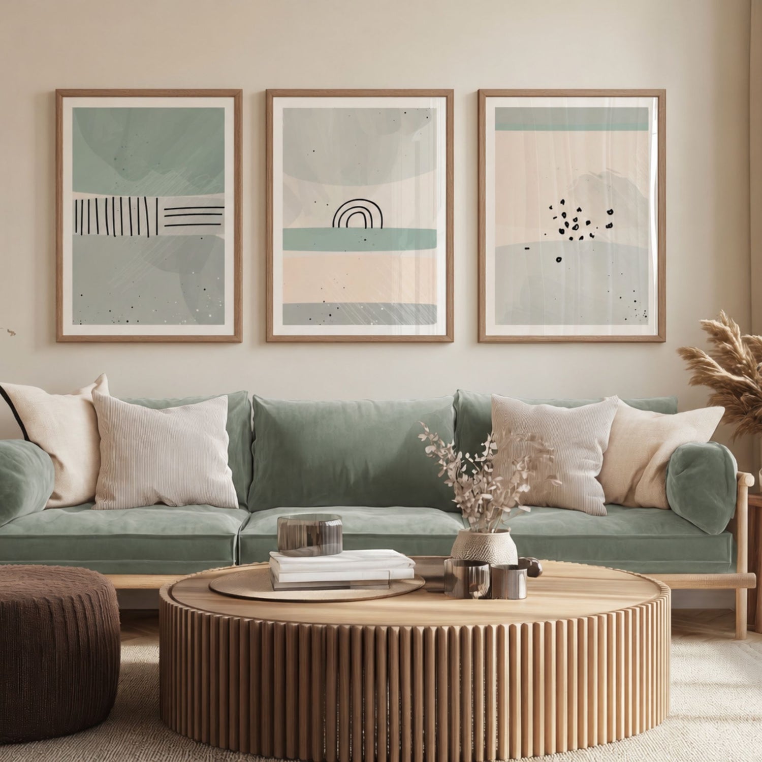 Dusty Green Collection med tre grafiske plakater i dempede grønntoner over grønn sofa