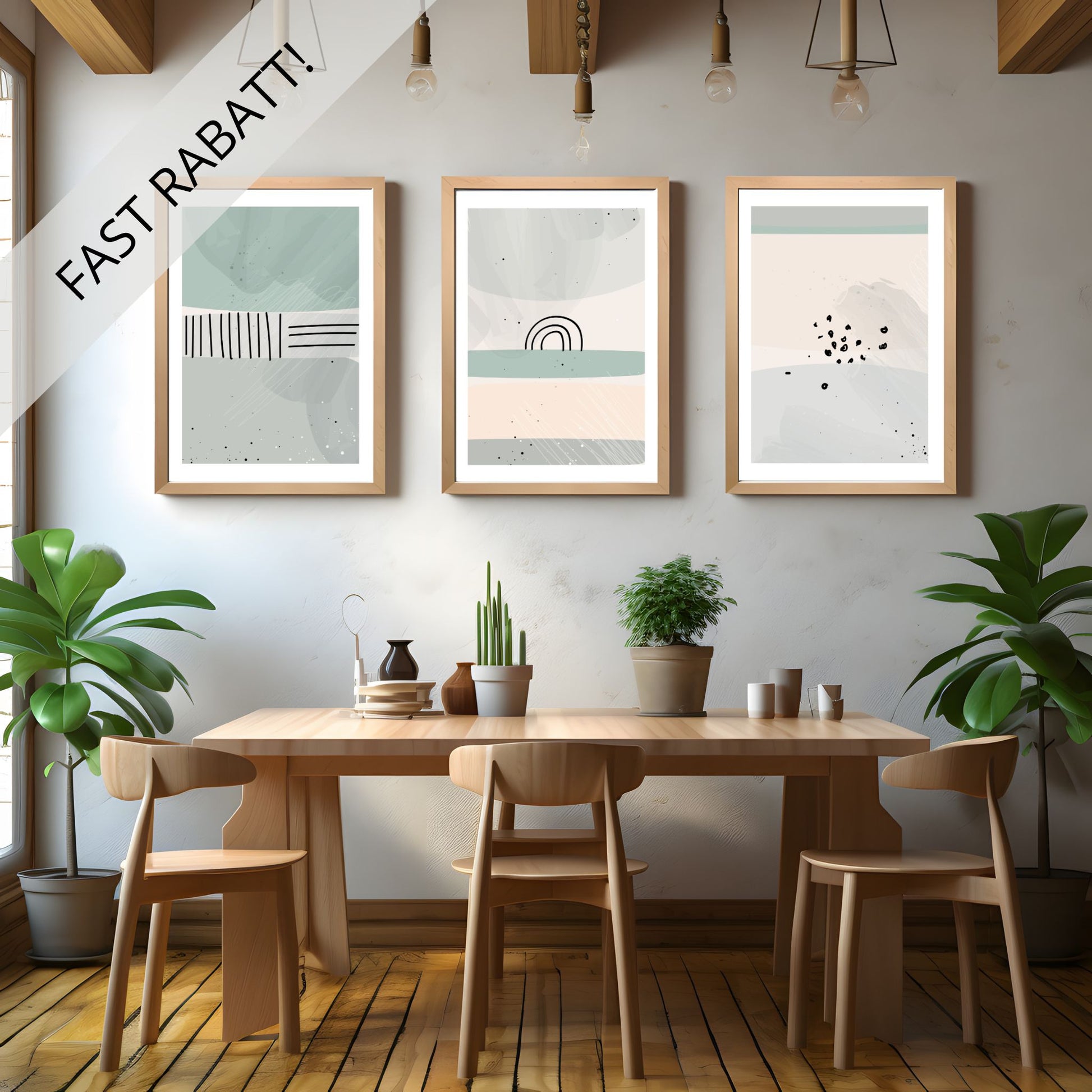 Grafisk serie i dus grønn, grå og beige. Illustrasjon av plakatene i eikeramme på en vegg ved en spiseplass.