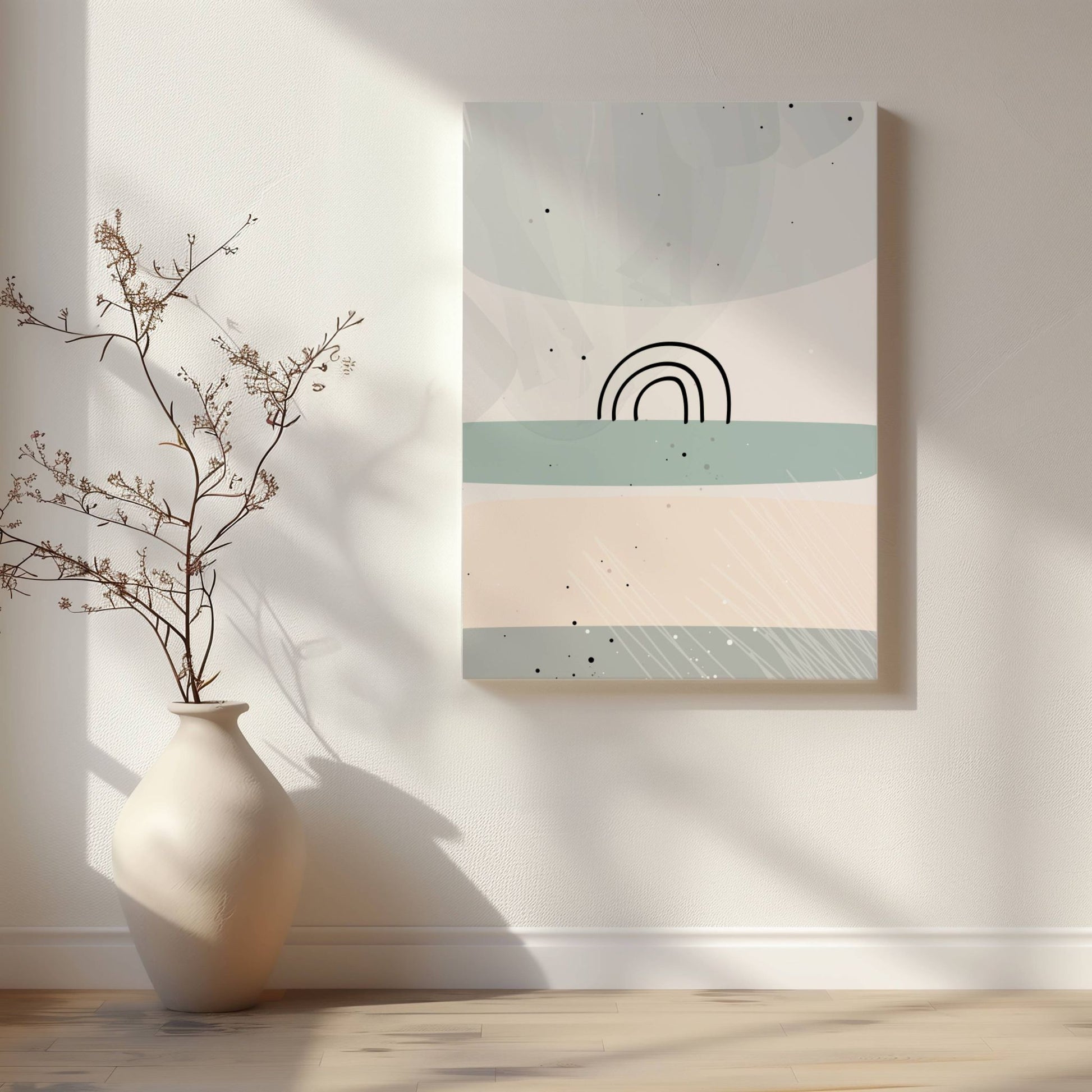  Dusty Green No2, en minimalistisk plakat med delikate, dempede fargetoner. Illustrasjon viser motivet på lerret.