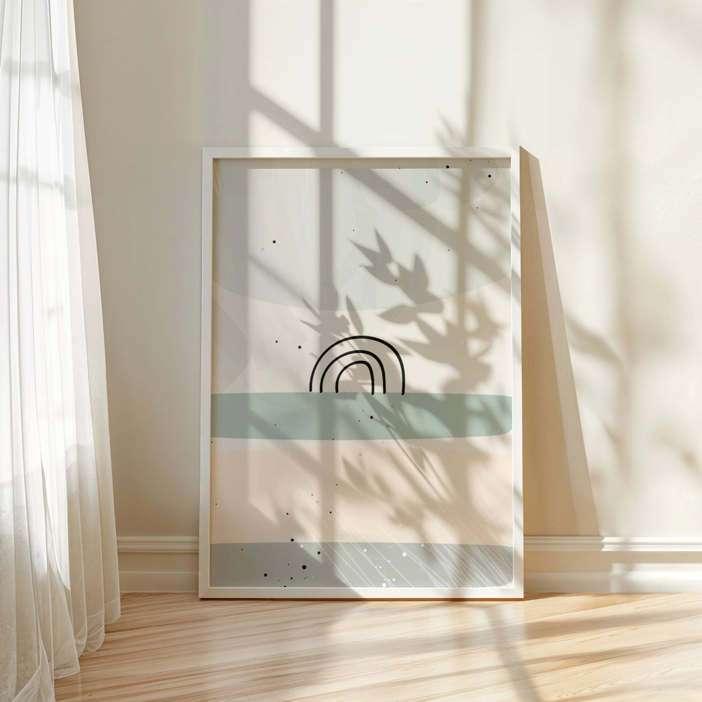  Dusty Green No2, en minimalistisk plakat med delikate, dempede fargetoner. Illustrasjon viser motivet som plakat i hvit ramme.