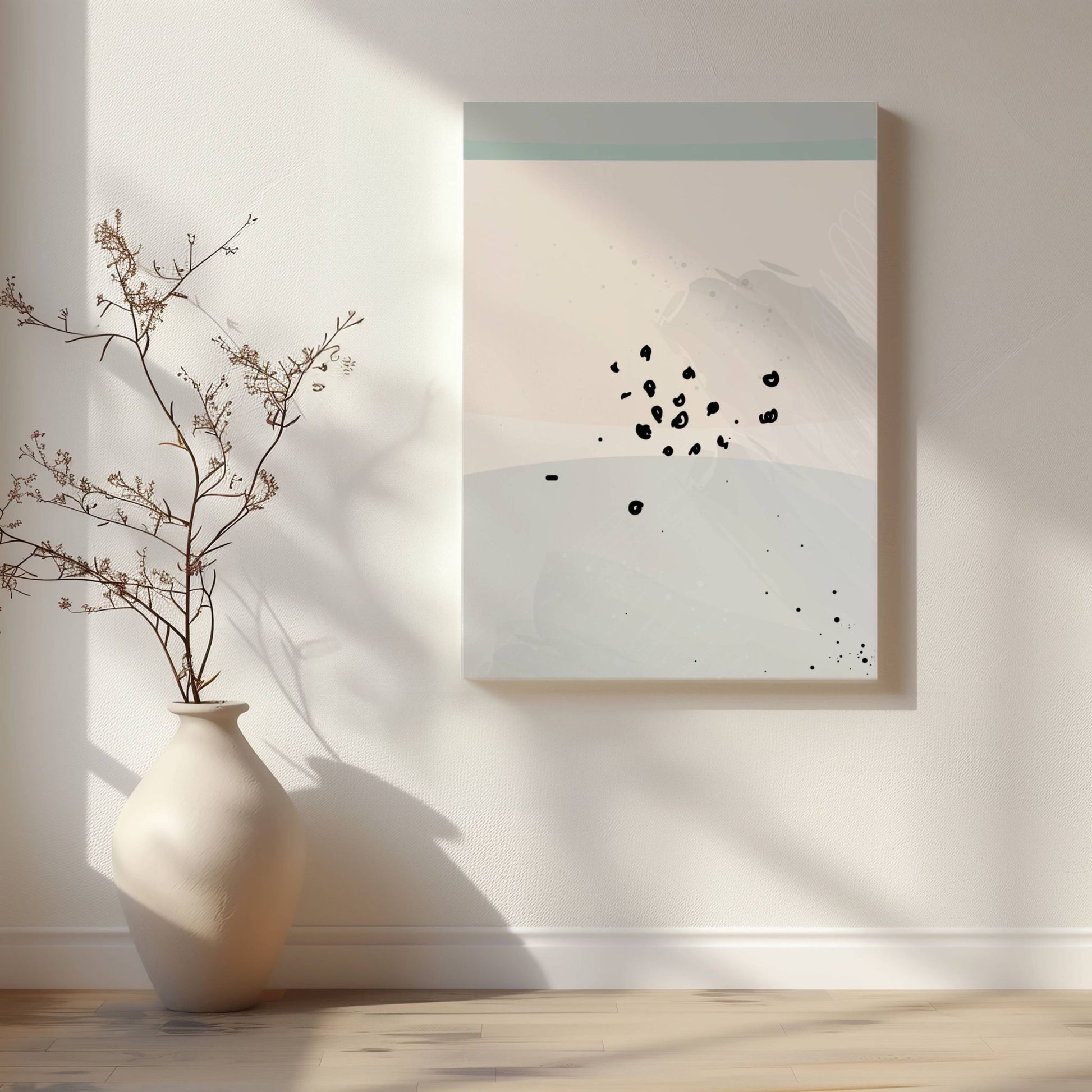 Dusty Green No3, en elegant og subtil kunstplakat som kombinerer duse grønntoner, beige nyanser og et delikat, abstrakt mønster. Illustrasjon viser motivet på lerret.