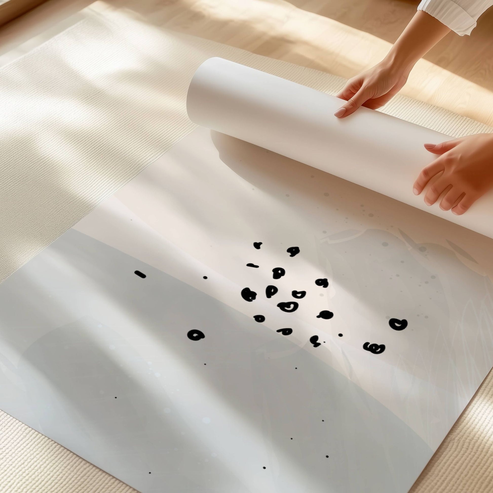 Dusty Green No3, en elegant og subtil kunstplakat som kombinerer duse grønntoner, beige nyanser og et delikat, abstrakt mønster. Illustrasjon viser motivet på print.