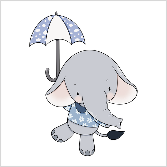 Grafisk motiv som illustrerer en elefant-gutt som holder en paraply. Elefanten har på seg en lyseblå genser med lyse blomster.