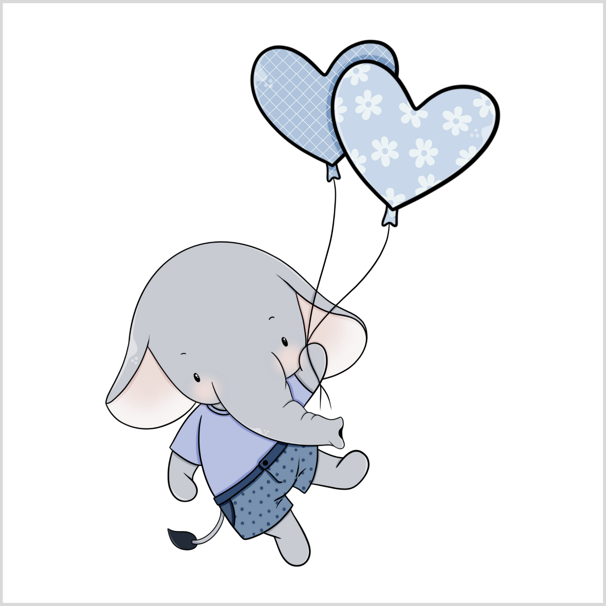 Grafisk motiv som illustrerer en elefant-gutt som holder to lyseblå hjerteballonger. Elefanten har på seg en lyseblå genser blå bukse med prikker.