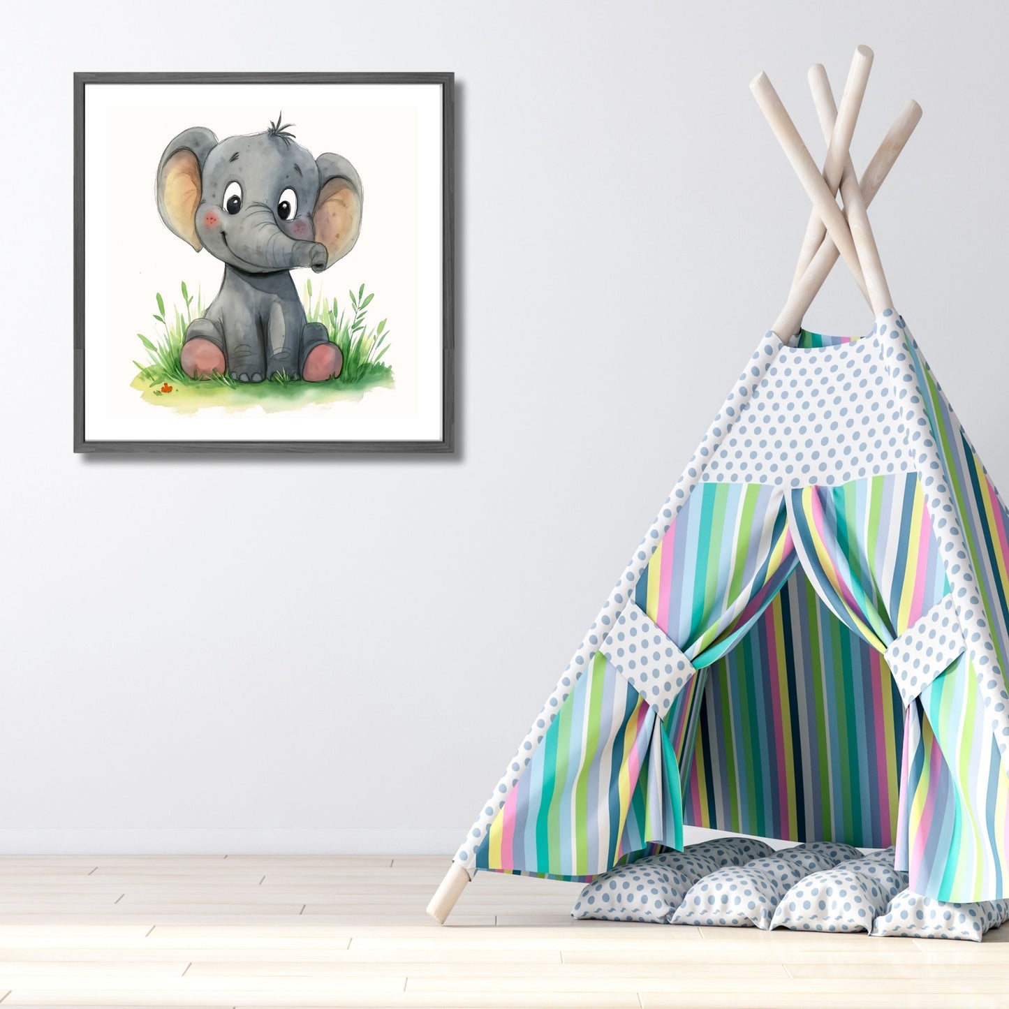Elefant - Grafisk illustrasjon - barneplakat. Illustrasjonsbilde viser plakat i ramme på et barnerom.