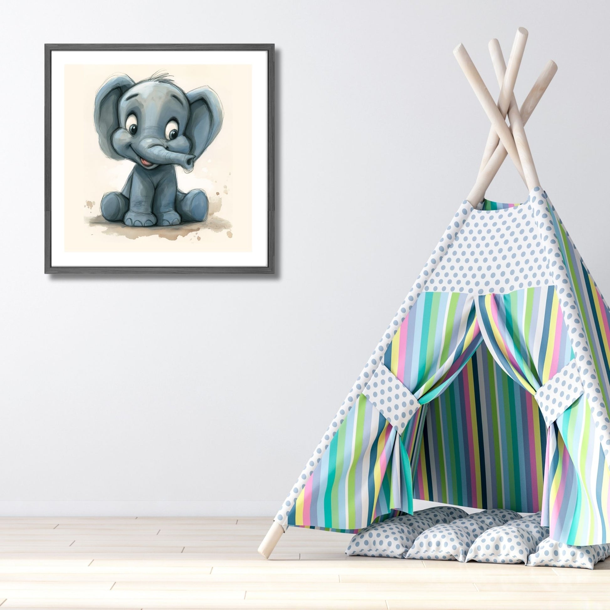 Elefant - Grafisk illustrasjon - barneplakat. Illustrasjonsbilde viser plakat i ramme på et barnerom.