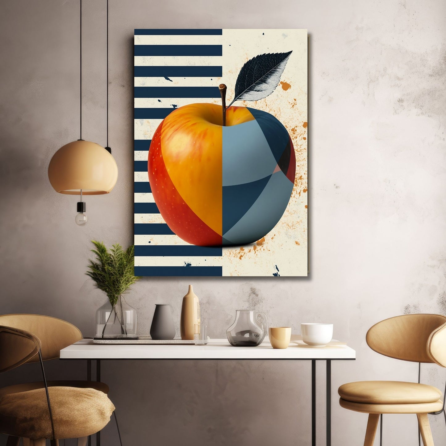 Illustrasjonen av et eple, dekorert med abstrakte former i livlige røde, gule og blåfarger. Bakgrunnen, delt i to med en halvdel i blå striper, og den andre halvdelen i beige. Illustrasjonen viser motivet på lerret.