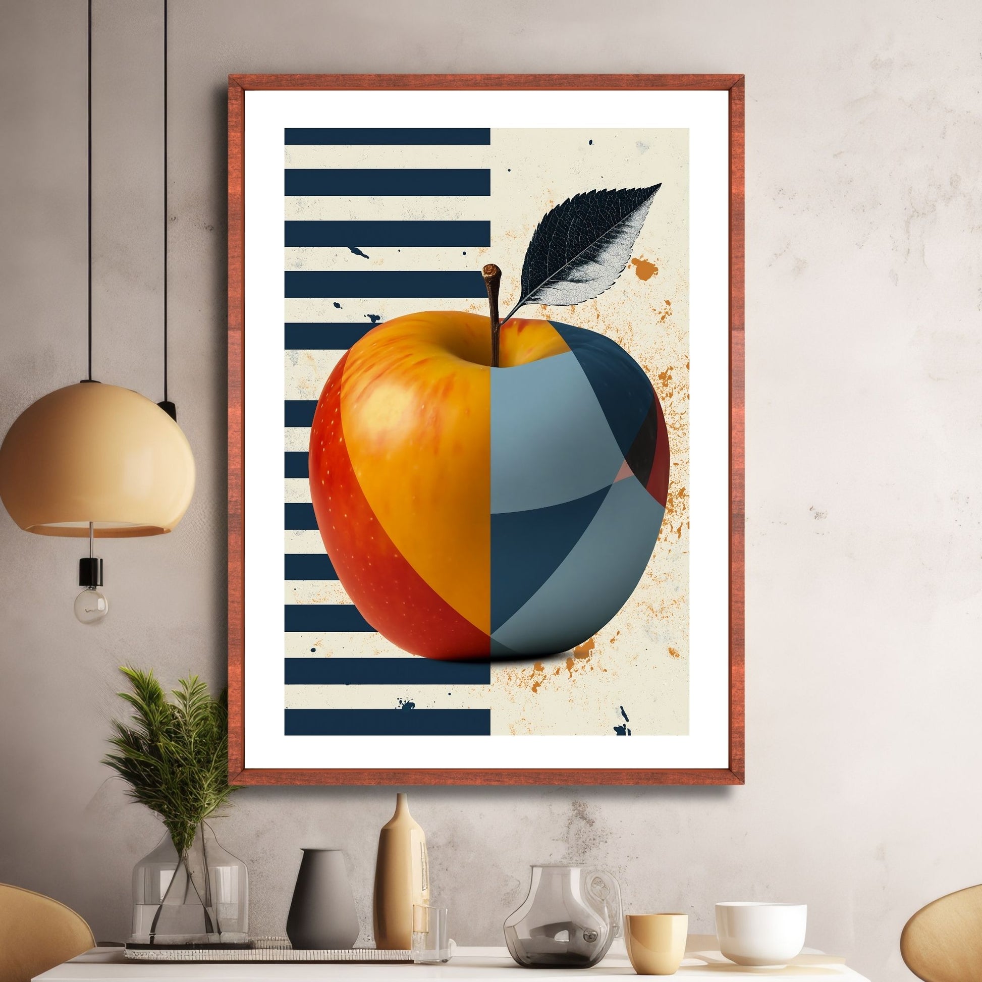 Illustrasjonen av et eple, dekorert med abstrakte former i livlige røde, gule og blåfarger. Bakgrunnen, delt i to med en halvdel i blå striper, og den andre halvdelen i beige. Illustrasjonen viser motivet i eikeramme.